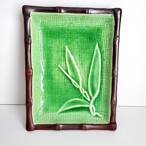 Large Ceramic Bamboo Trinket Dish Faux Wood Trim Green Mesh Imprint MCM Design